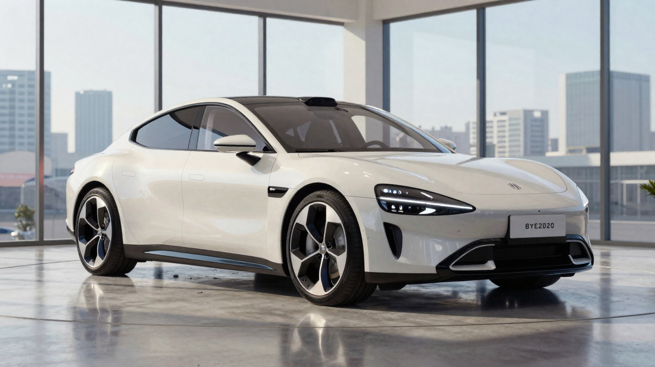Carro desportivo elétrico branco estacionado em espaço interior com janelas amplas e vista urbana.