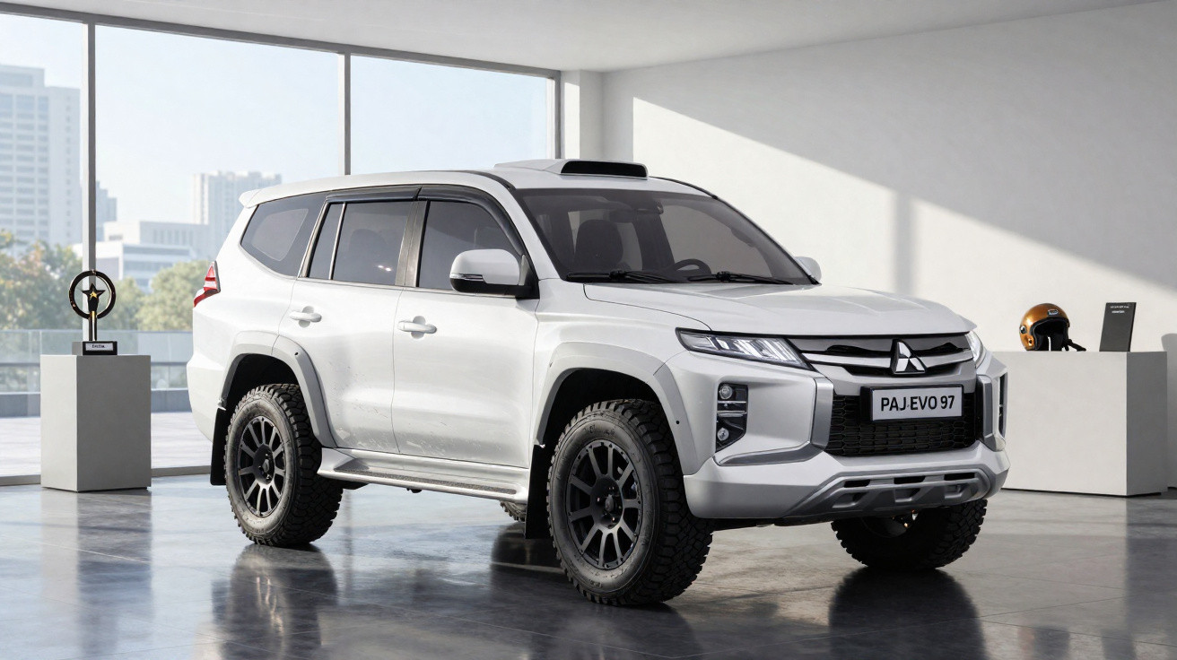 SUV branco Mitsubishi Pajero Evo 97 estacionado em ambiente interior moderno e iluminado.