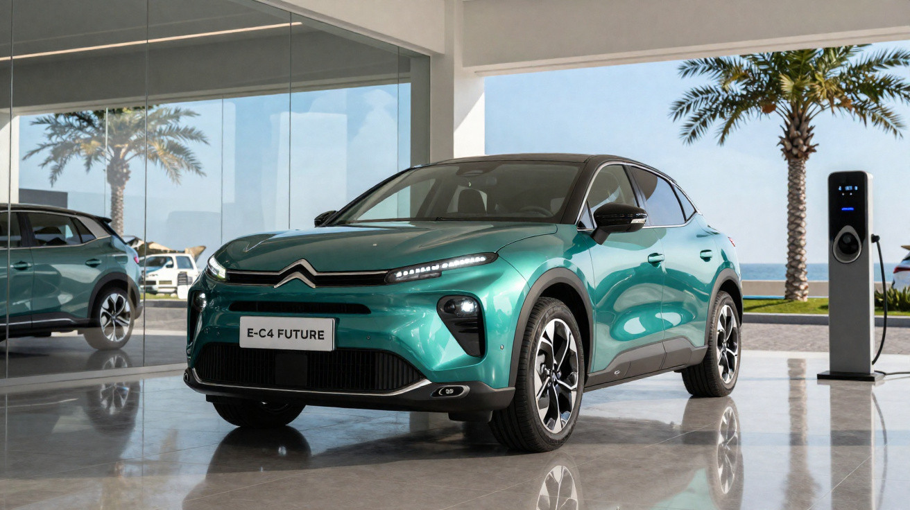 Carro elétrico Citroën E-C4 Future verde exposto numa sala com parede de vidro e carregador elétrico junto.