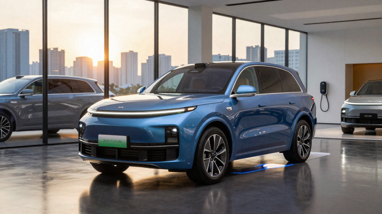 Veículo SUV elétrico azul num espaço interior moderno com janelas grandes e carros estacionados ao fundo.
