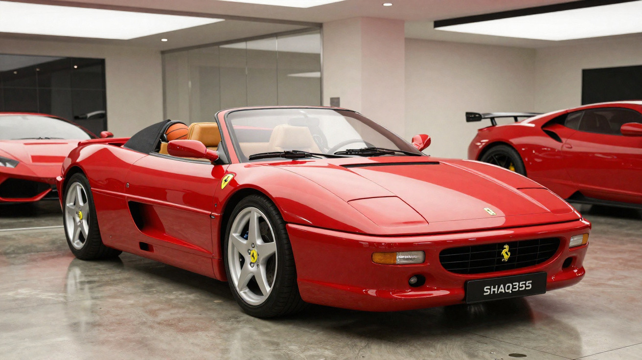 Ferrari vermelha conversível estacionada em garagem com outros carros vermelhos ao fundo.