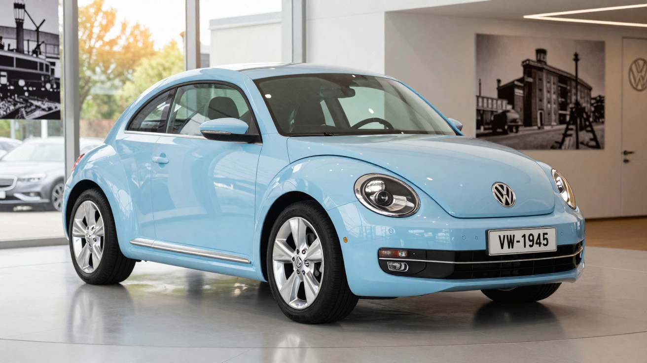 Carro Volkswagen clássico azul claro exposto em showroom moderno com janelas grandes e imagens históricas nas paredes.