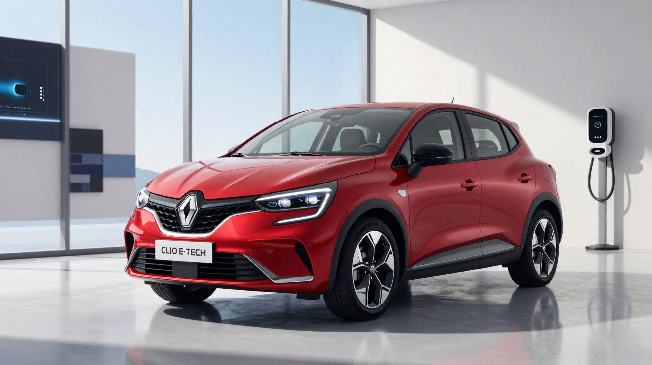 Automóvel vermelho Renault Clio E-Tech elétrico estacionado em interior com cilindro de carregamento na parede.