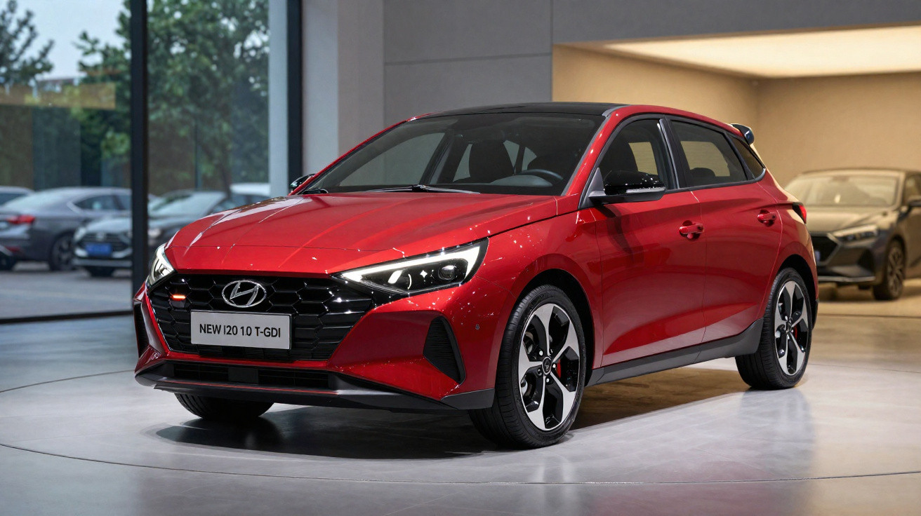 Automóvel Hyundai New i20 vermelho estacionado em showroom moderno com iluminação suave.