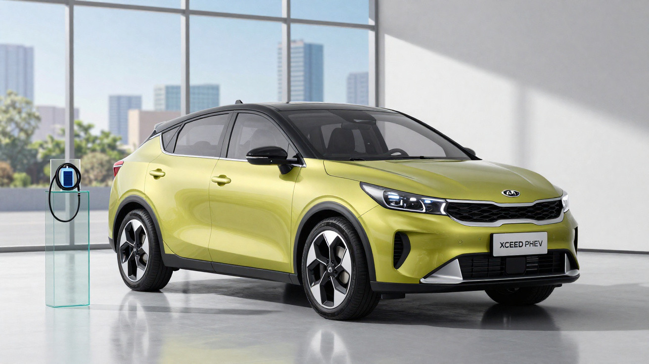 Carro eléctrico Kia XCeed PHEV verde estacionado em espaço interior moderno com carregador à esquerda.
