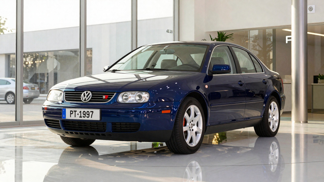Carro Volkswagen azul escuro modelo Jetta parado num showroom com chão brilhante e janelas grandes.