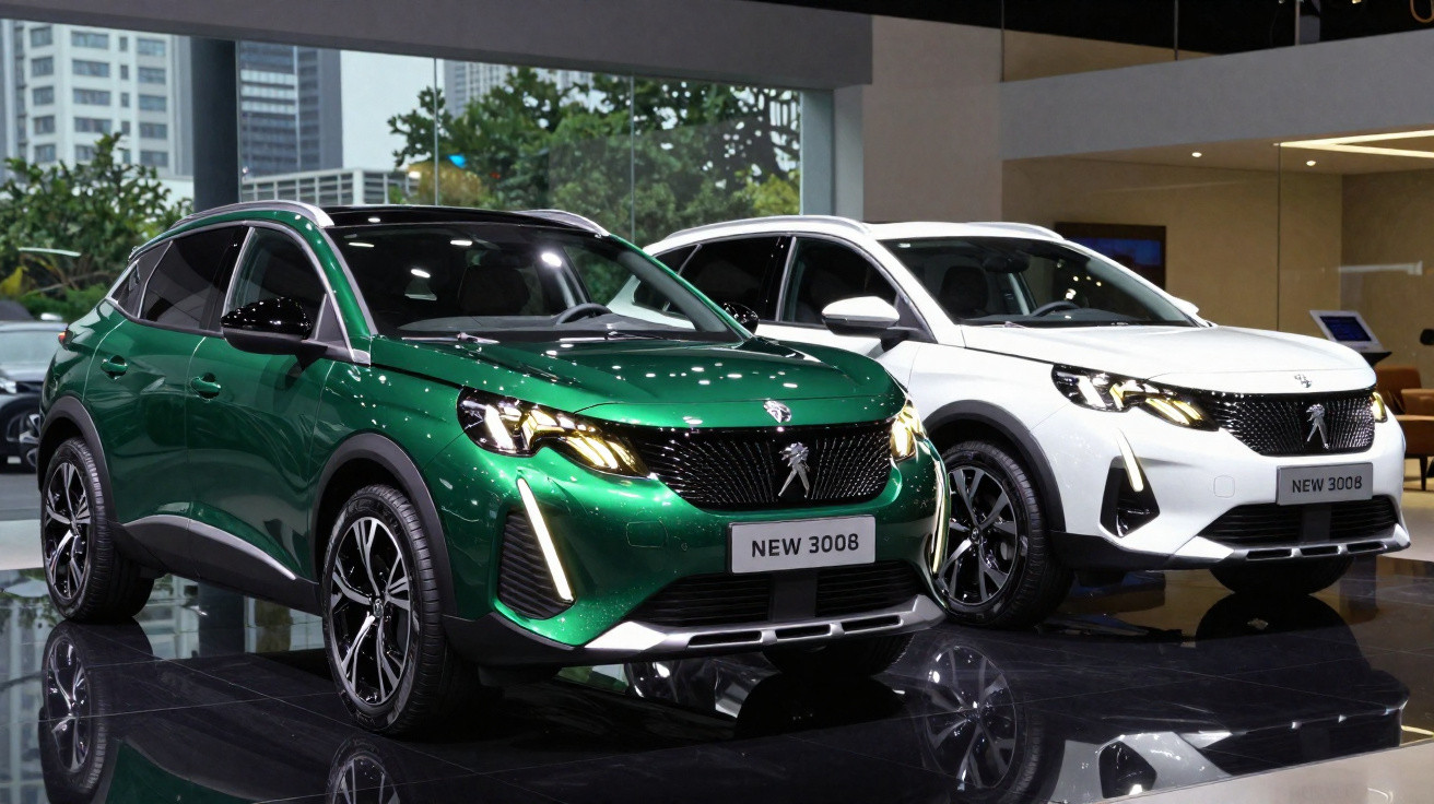 Dois carros Peugeot 3008 novos, um verde metálico e outro branco, exibidos numa sala de exposição moderna.