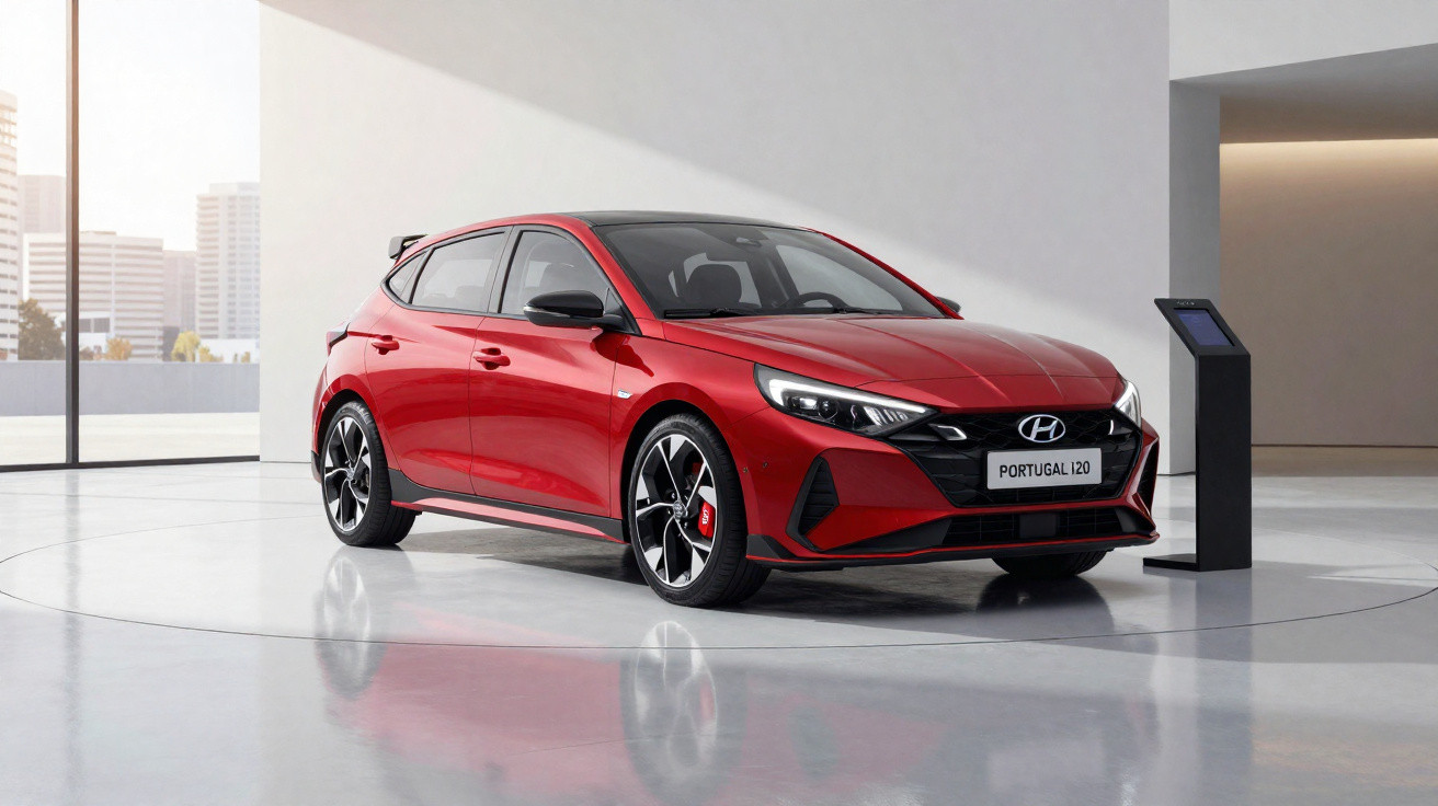 Carro desportivo vermelho Hyundai i20 estacionado em ambiente interior moderno e luminoso.