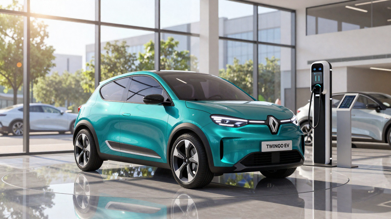 Renault Twingo EV elétrico de cor verde-azulado num showroom com estação de carregamento.