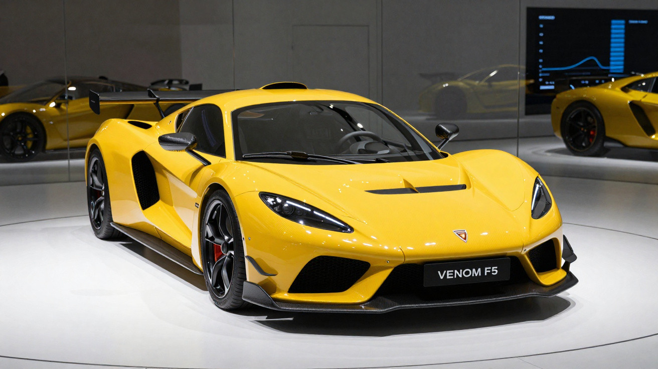 Carro desportivo amarelo Venom F5 exposto em showroom com espelhos refletindo a viatura.