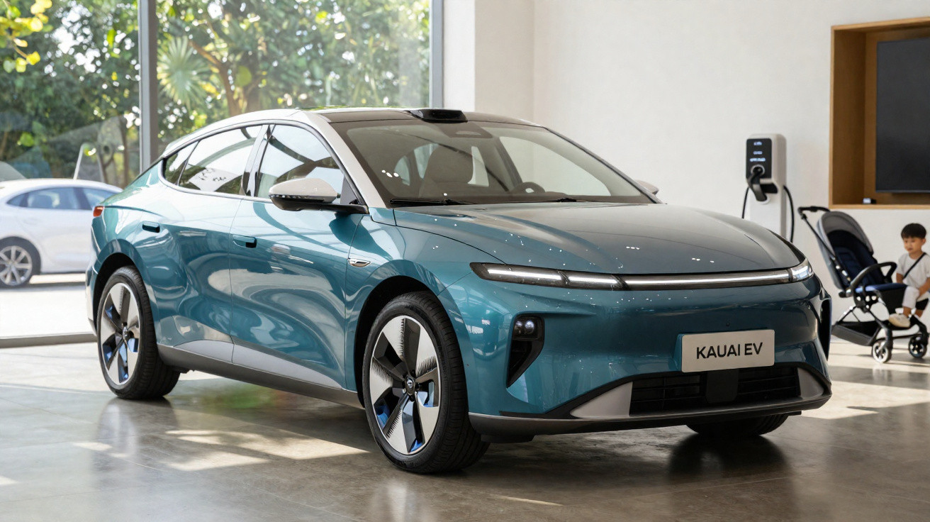Automóvel elétrico azul Kauai EV estacionado em showroom moderno com criança e carrinho ao fundo.