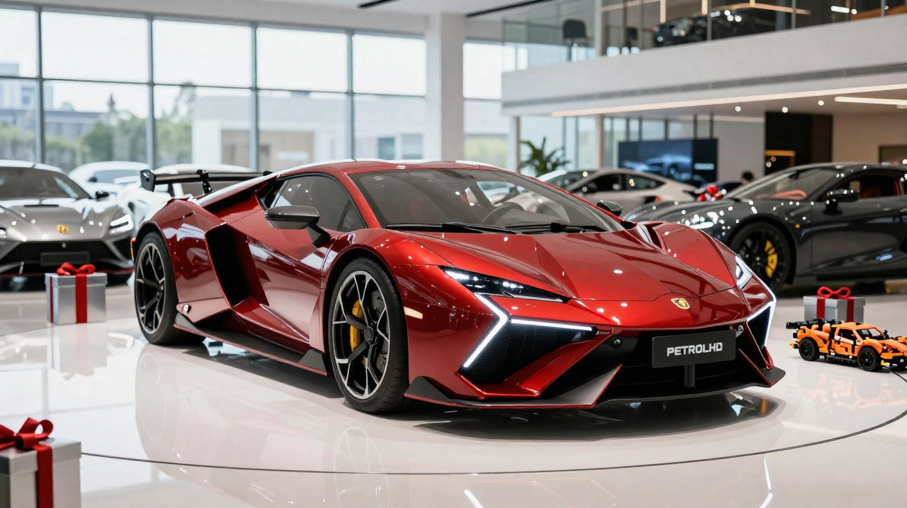 Carro desportivo vermelho brilhante em exposição numa loja moderna com outros veículos ao fundo e brinquedos à direita.