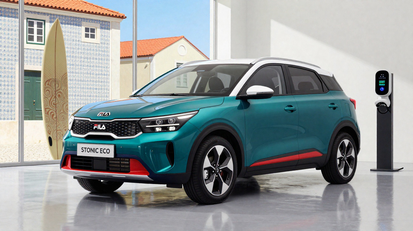Carro elétrico Kia Stonic Eco verde num espaço interior perto de uma estação de carregamento elétrico.