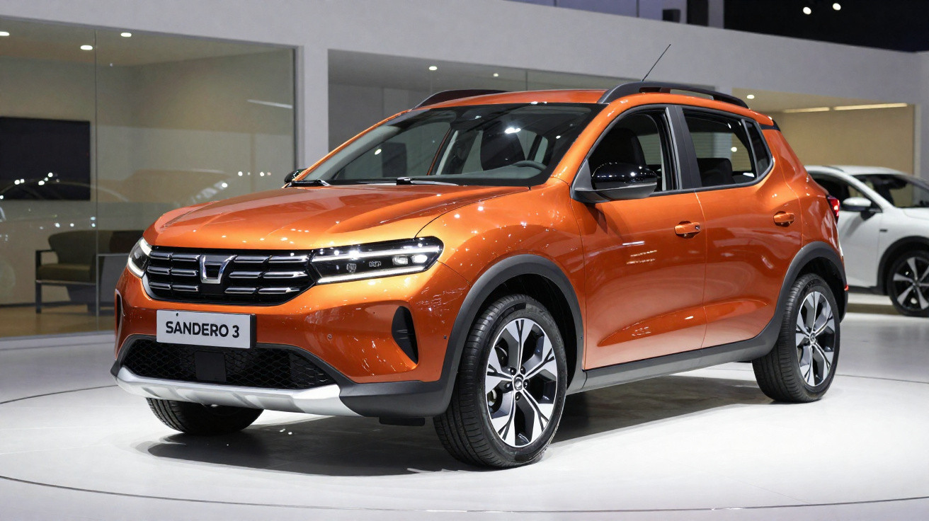Carro Dacia Sandero 3 laranja exposto em salão automóvel com luzes refletidas na carroçaria.