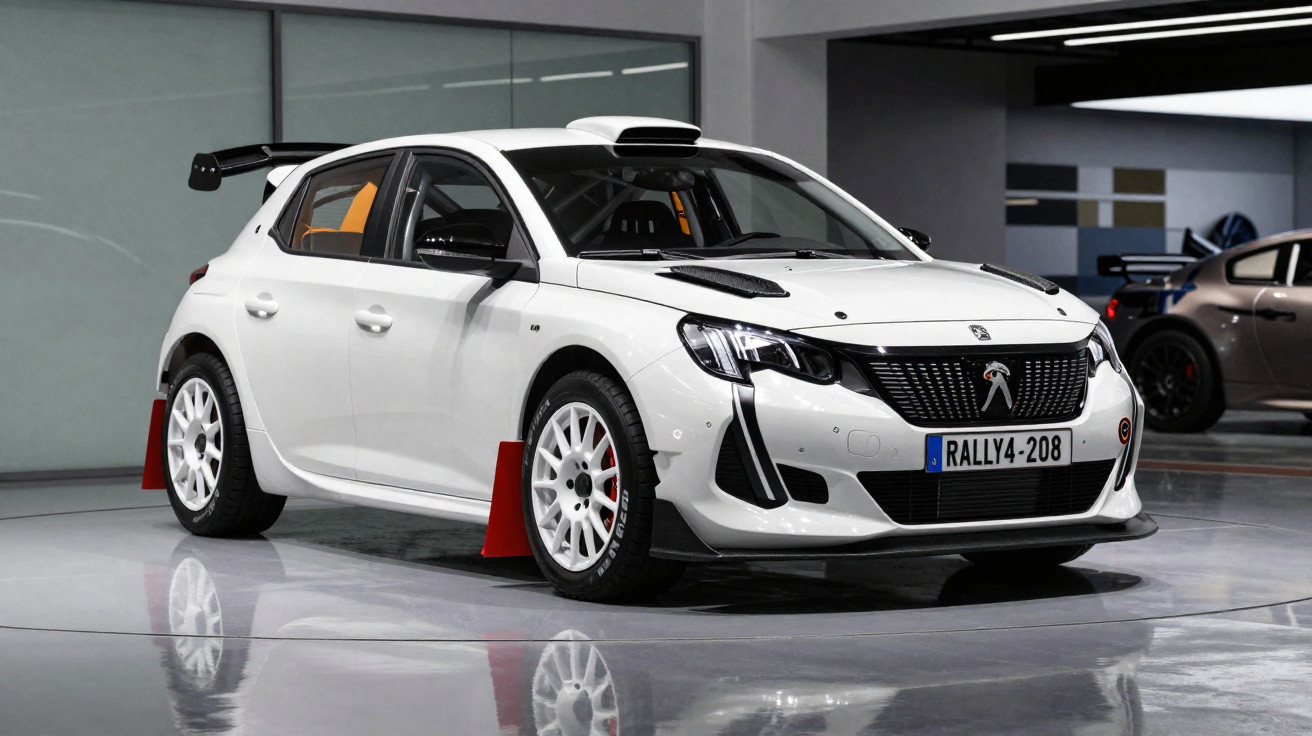 Carro de rali Peugeot branco com detalhes pretos e jantes brancas em ambiente interior.
