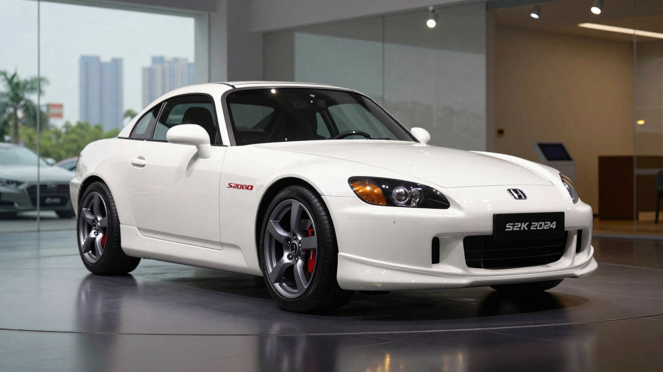 Carro desportivo branco Honda S2000 2024 exibido em sala de exposição moderna com janelas de vidro.