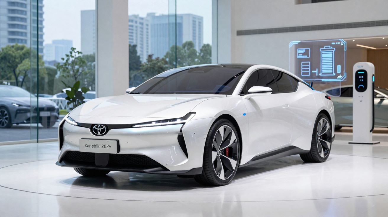 Carro elétrico Toyota Kenshiki 2025 branco em exposição numa sala moderna com piso branco.