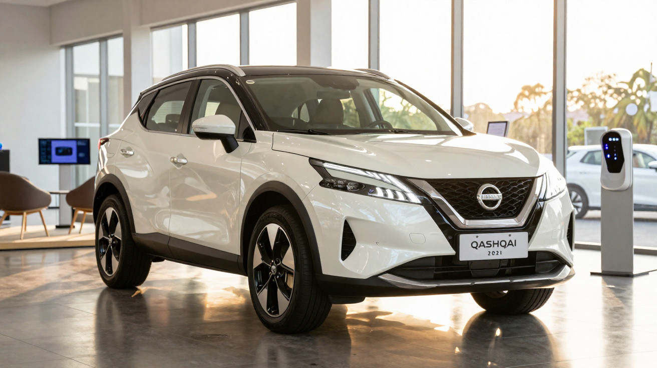 Carro branco Nissan Qashqai 2021 estacionado interior, perto de posto de carregamento elétrico.