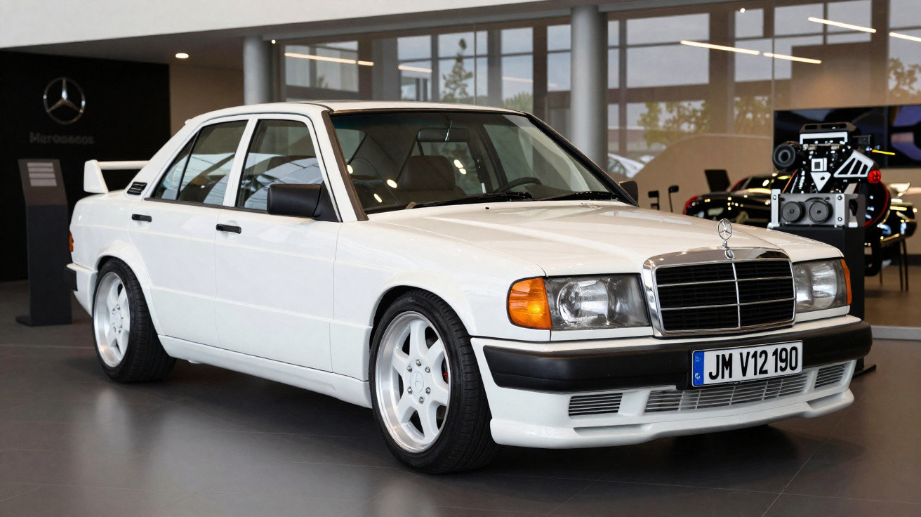 Automóvel Mercedes-Benz clássico branco estacionado numa sala de exposição moderna.