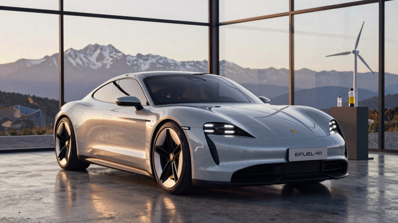 Carro desportivo elétrico prata Porsche Taycan estacionado dentro de um edifício com vidro e montanhas ao fundo.
