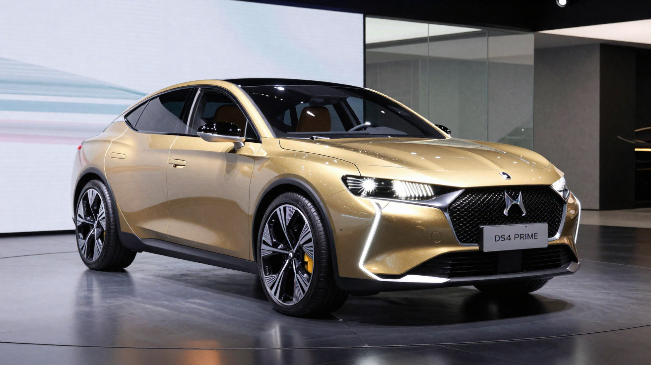 Carro DS4 Prime dourado em exposição numa sala com chão e paredes cinzentas e modernas.
