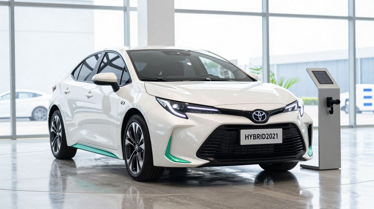 Carro híbrido branco Toyota 2021 estacionado junto a posto de carregamento em showroom iluminado.