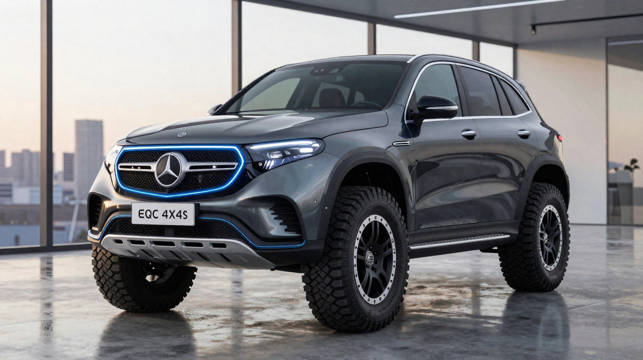 SUV Mercedes-Benz elétrico cinza escuro EQC 4X4S com pneus off-road, estacionado em interior moderno com janelas grandes.