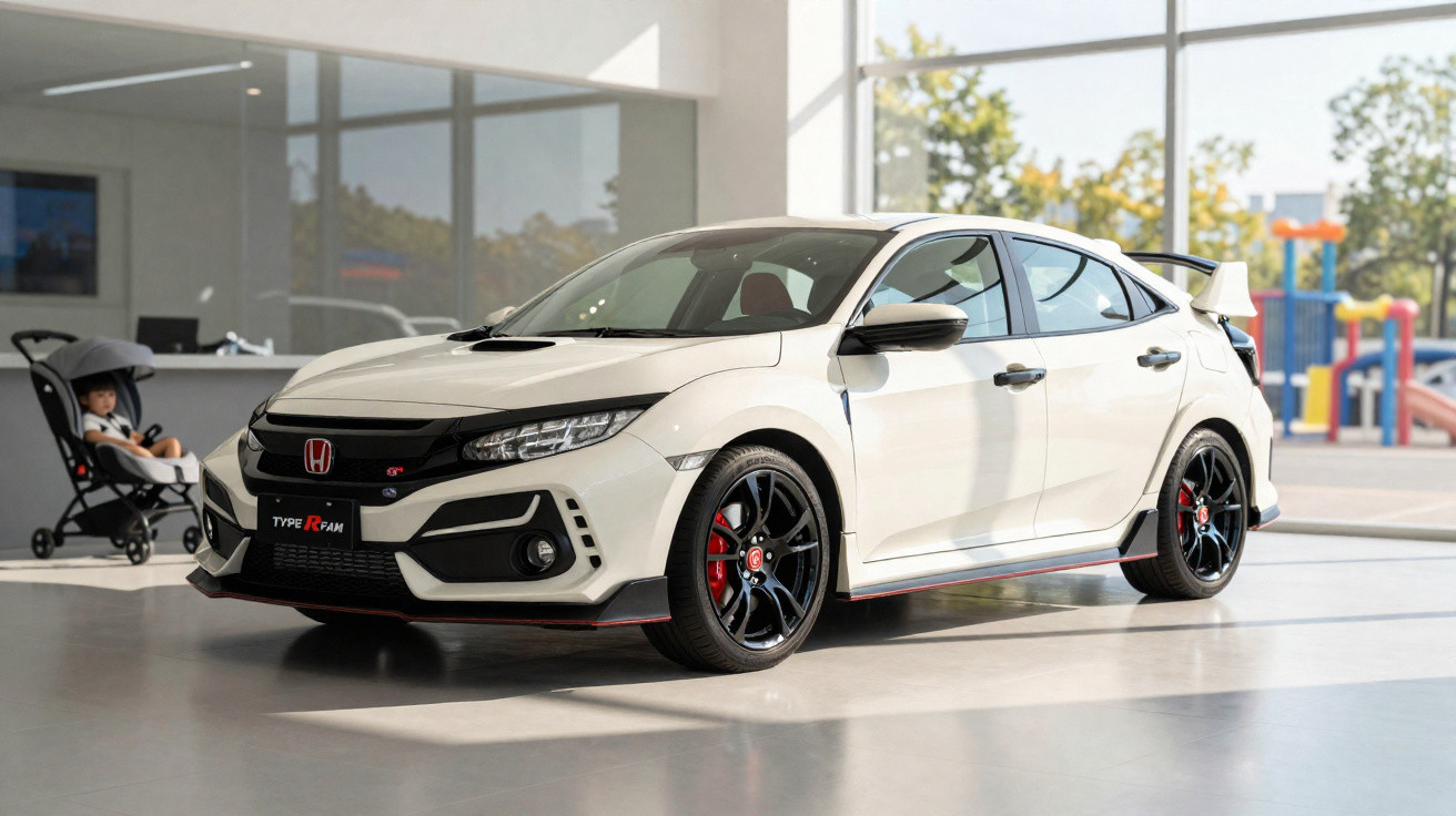 Carro desportivo branco Honda Type R exposto num showroom com criança numa carrinha de bebé ao lado.