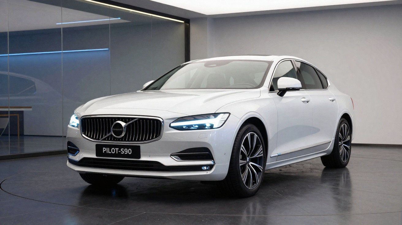 Carro sedan branco Volvo Pilot-S90 estacionado em sala moderna com chão cinza e paredes claras.