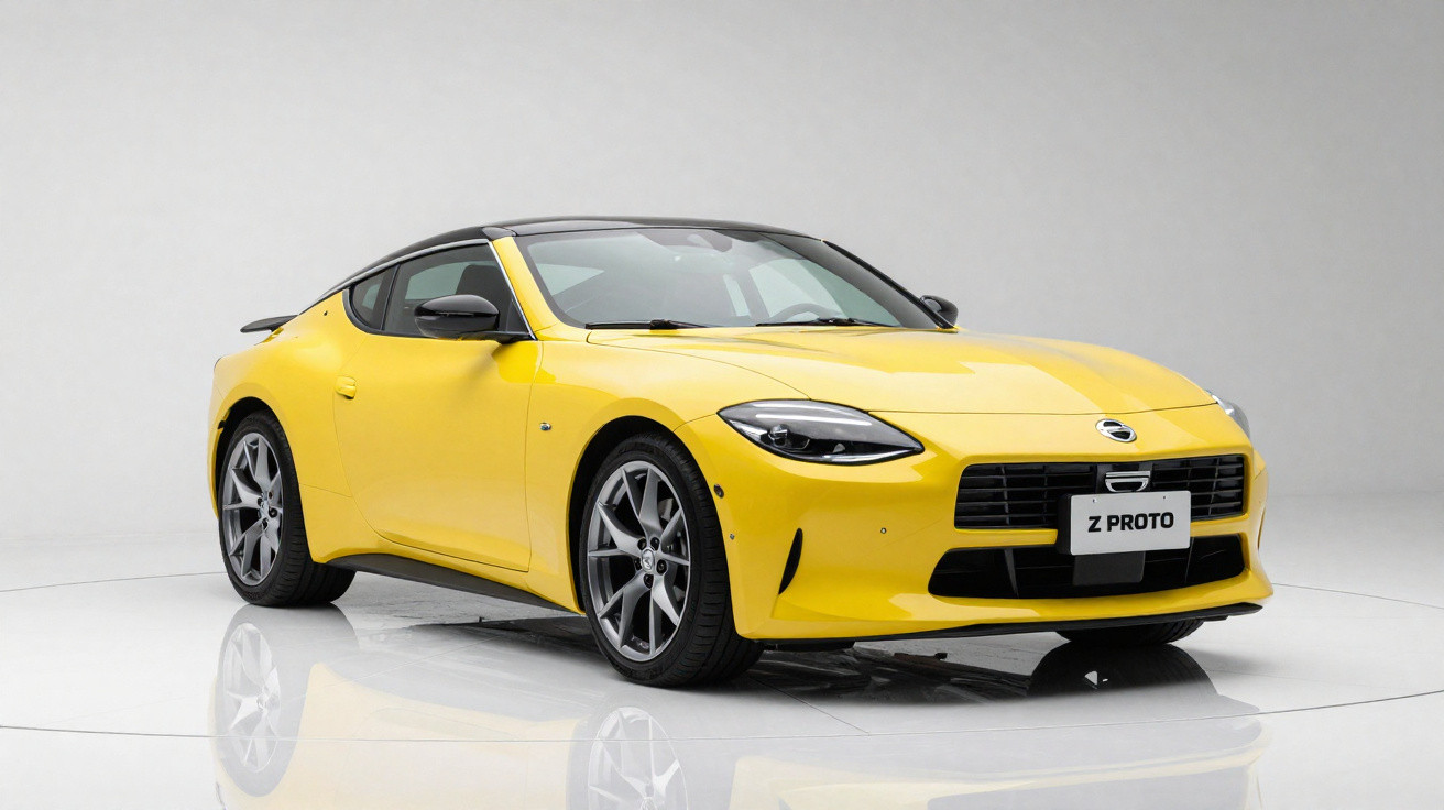 Carro desportivo amarelo Nissan Z Proto em estúdio, vista frontal direita.