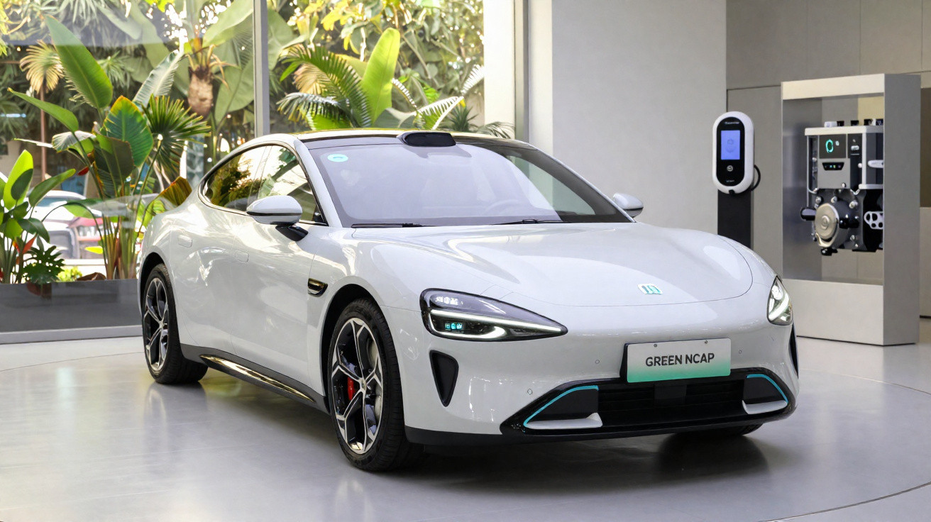 Carro elétrico branco moderno exposto em interior com plantas e estação de carregamento.