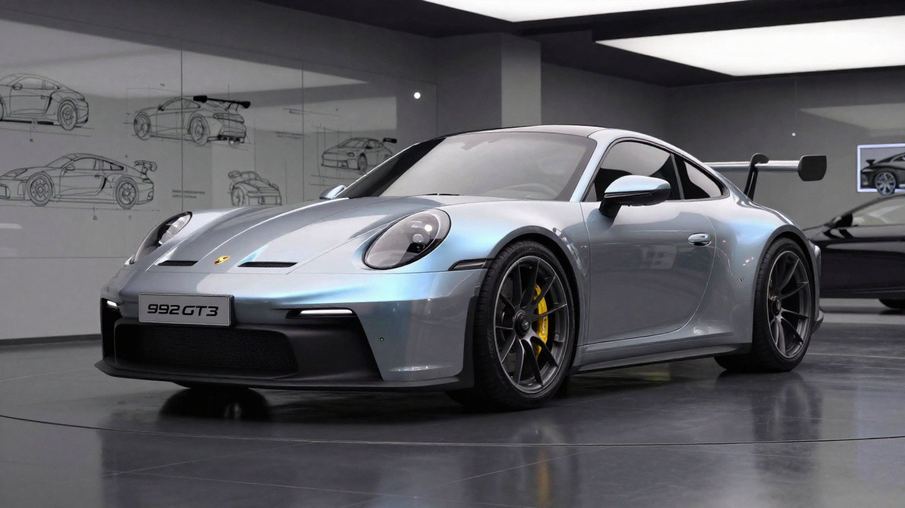 Carro desportivo prata Porsche 992 GT3 num salão com desenhos de carros na parede.