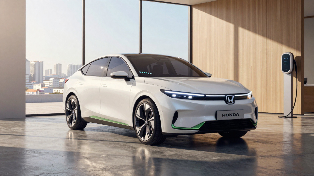 Carro elétrico branco Honda estacionado numa garagem moderna com parede de madeira e carregador elétrico ligado.