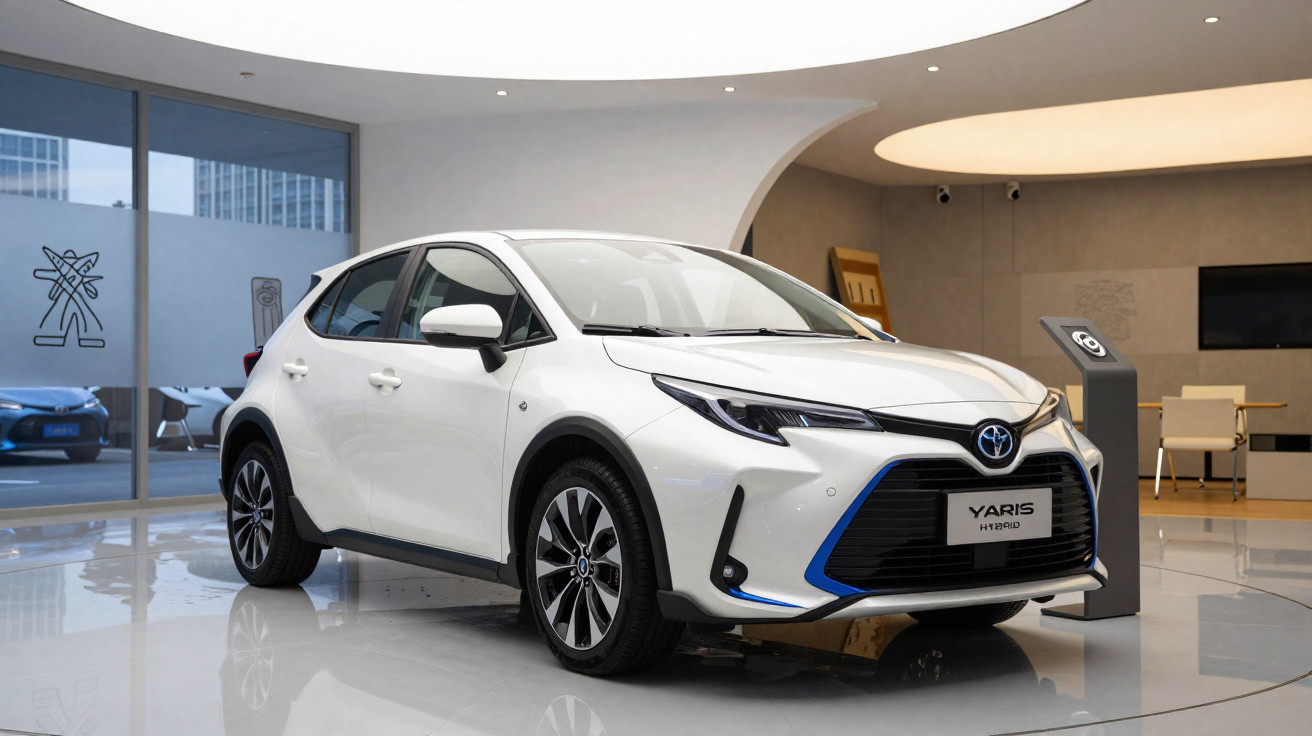 Carro branco Toyota Yaris Hybrid estacionado em interior moderno com iluminação suave.