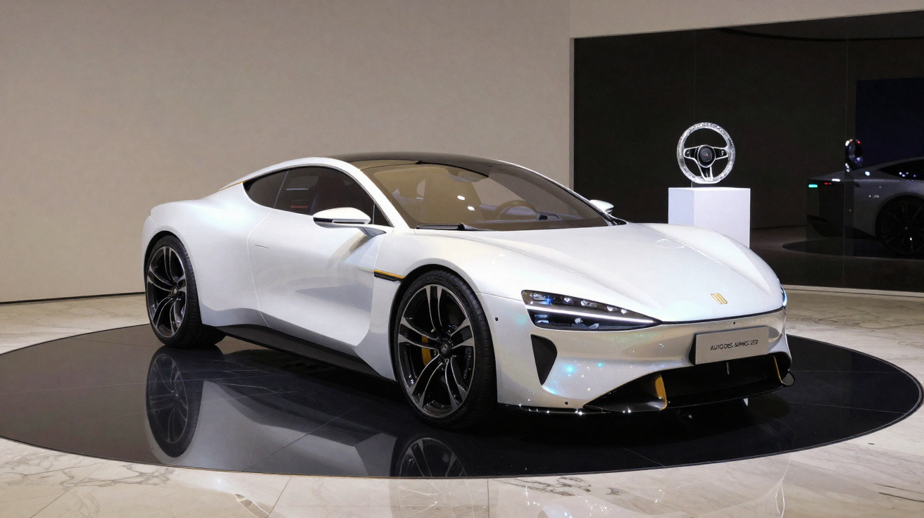 Carro desportivo branco exposto num salão moderno com foco em design aerodinâmico e rodas pretas.