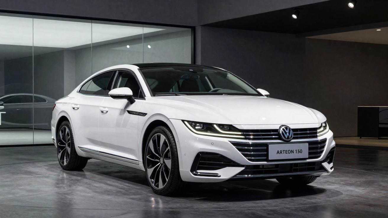 Carro Volkswagen Arteon 150 branco estacionado em ambiente interior moderno e iluminado.