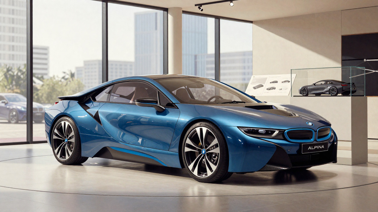 Carro desportivo azul BMW Alpina i8 exibido em showroom moderno com janelas amplas e iluminação natural.