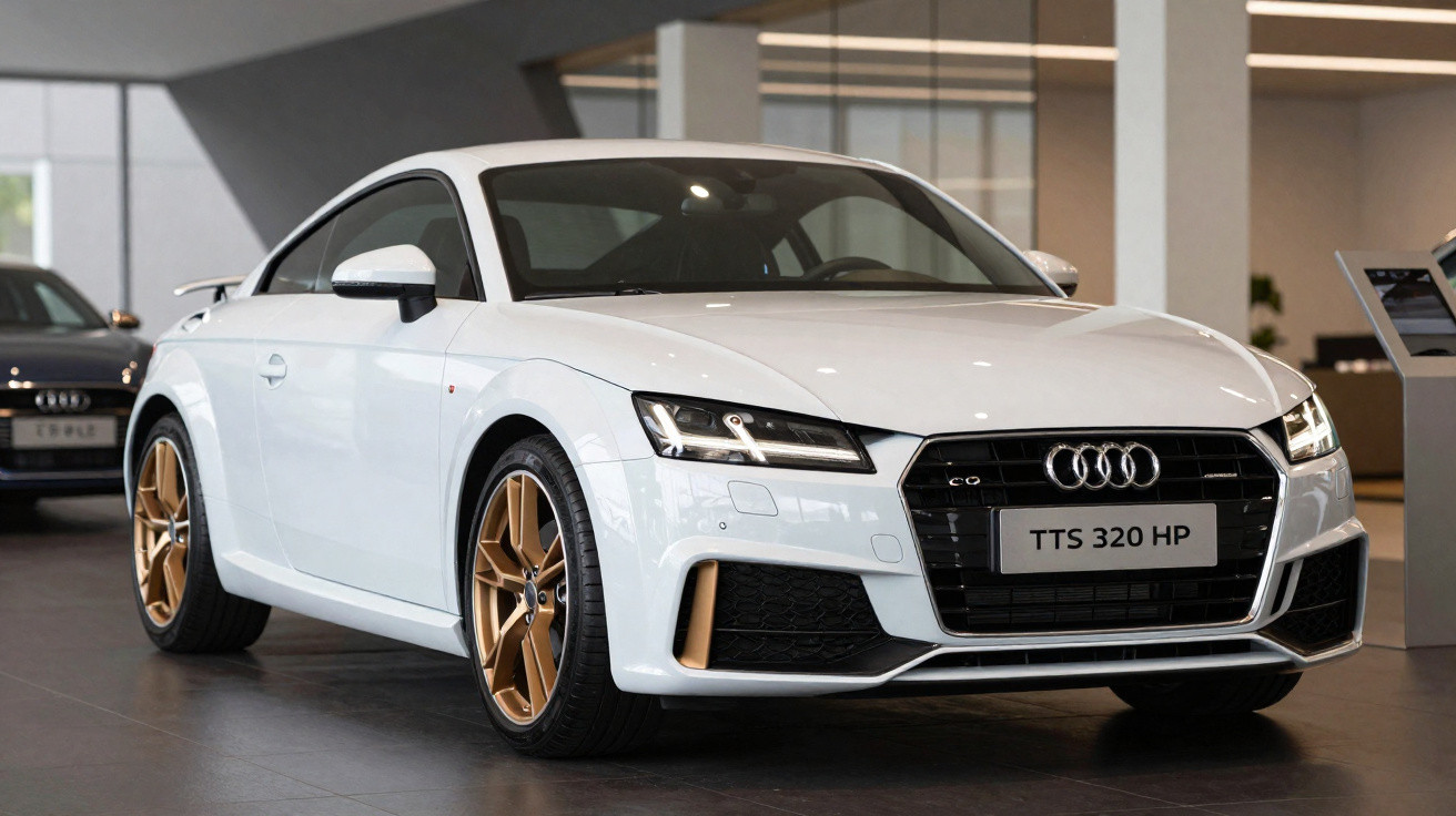 Carro desportivo Audi TTS branco estacionado em ambiente interno com jantes douradas.