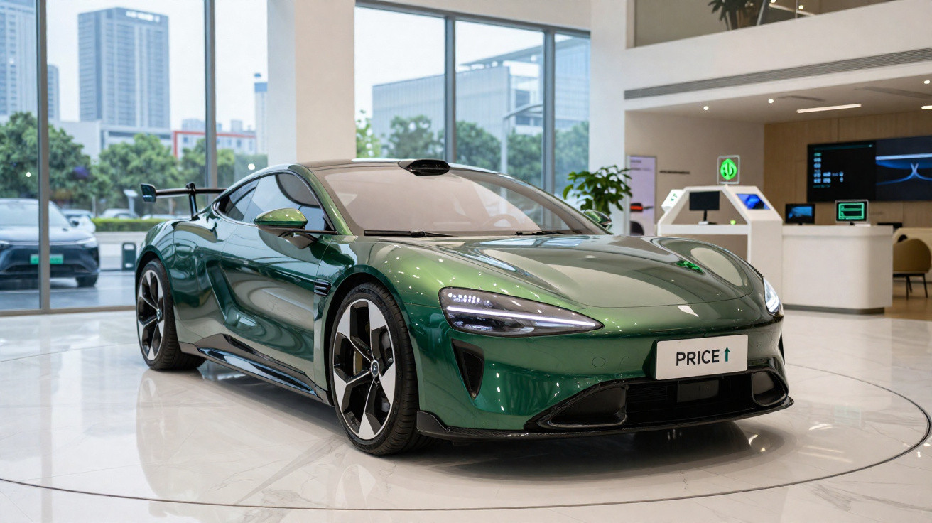 Carro desportivo elétrico verde com design aerodinâmico apresentado numa sala moderna com janelas grandes.