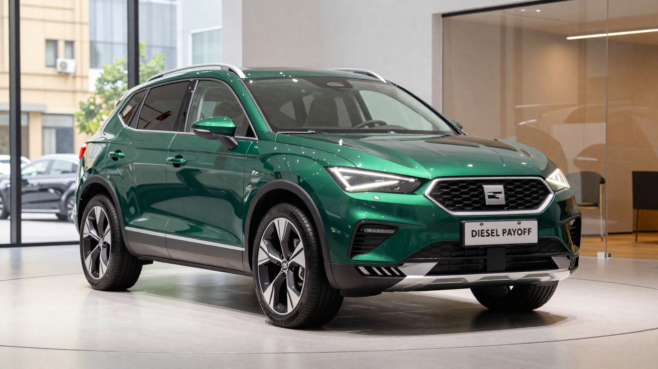 SUV verde metálico Seat Ateca Diesel Payoff exposto em showroom moderno.