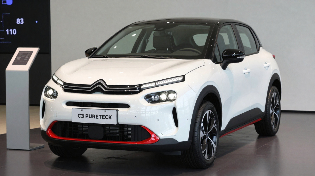 Carro Citroën C3 PureTech branco com detalhes vermelhos em exposição em ambiente interno.