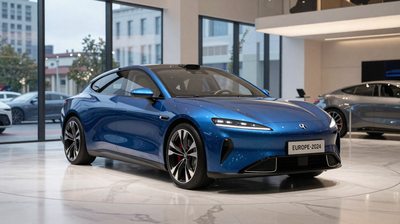 Carro desportivo elétrico azul estacionado em showroom moderno com grandes janelas e interior iluminado.