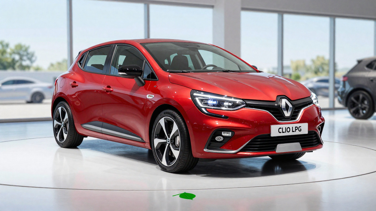 Renault Clio LPG vermelho estacionado numa área interior iluminada com janelas amplas.