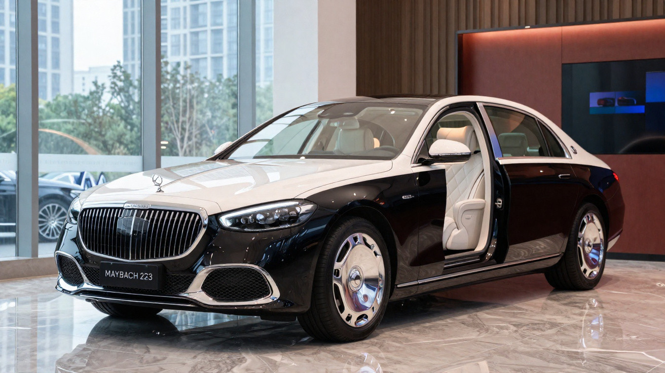 Carro de luxo Mercedes-Maybach 223 preto e branco com porta aberta num salão moderno.
