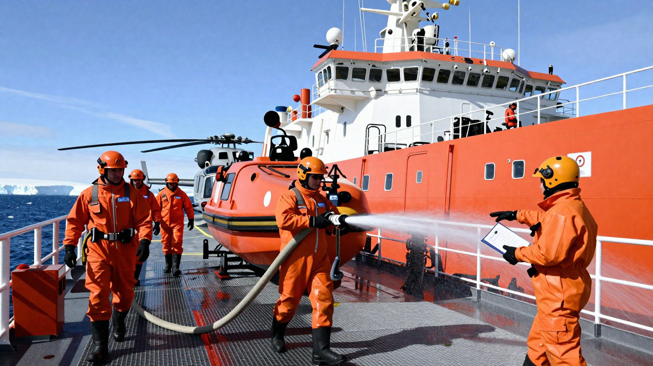 Tripulação em fatos de segurança realiza exercício de combate a incêndio a bordo de navio de cor laranja.