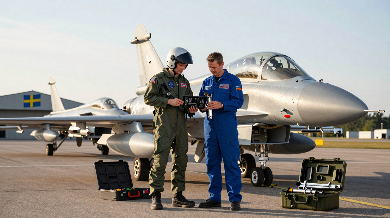 Dois pilotos em fato de voo junto a caças estacionados numa pista de aeroporto militar com equipamento técnico.