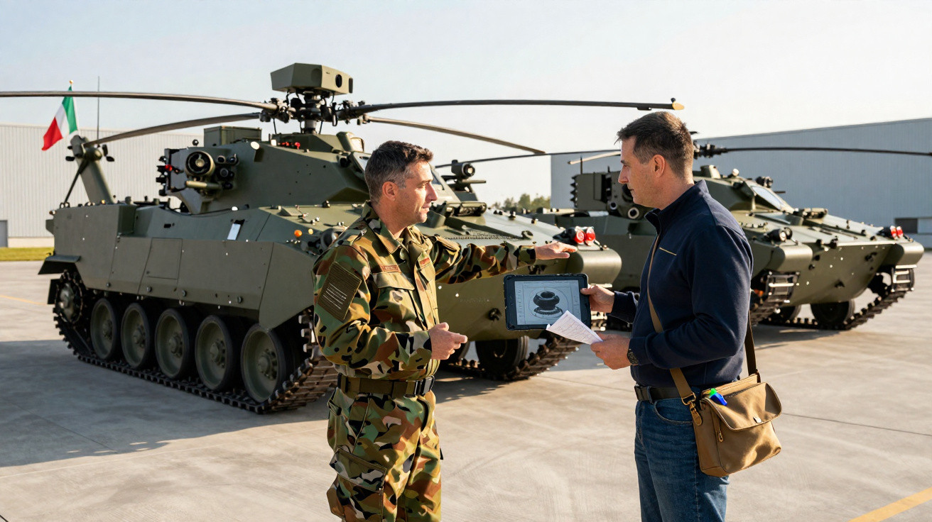 Dois homens, um militar em uniforme e outro civil, na conversa com tanques militares ao fundo.