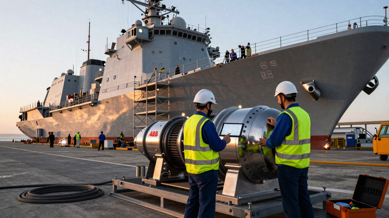 Dois trabalhadores com coletes refletores inspecionam equipamento junto a um grande navio no cais ao pôr do sol.