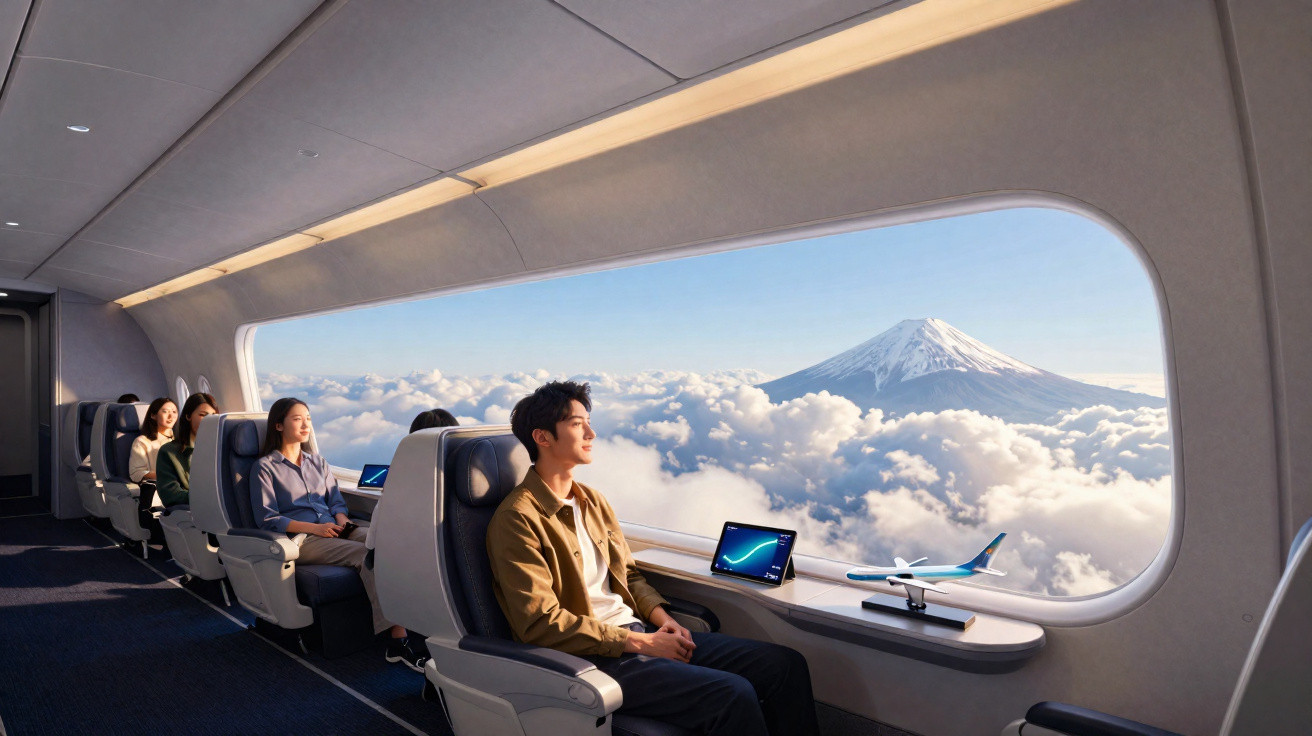 Interior de uma cabine futurista com passageiros a admirar uma montanha coberta de neve através de uma grande janela.