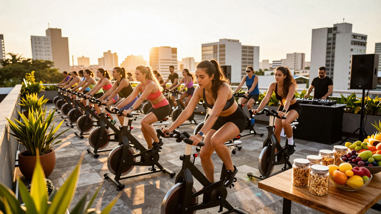 Grupo de mulheres a pedalar em aulas de spinning ao ar livre numa cobertura ao pôr do sol.
